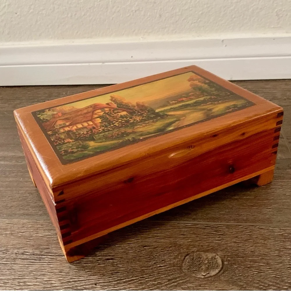 Vintage cedar wood box with picture of English cottage